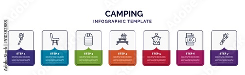 infographic template with icons and 7 options or steps. infographic for camping concept. included matches, chair, sleeping bag, camp table, wingsuit, log, flashlight icons.