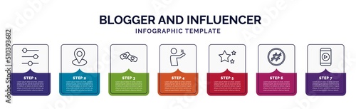 infographic template with icons and 7 options or steps. infographic for blogger and influencer concept. included filter, placeholder, likes, selfie, star, hashtag, mobile video icons.
