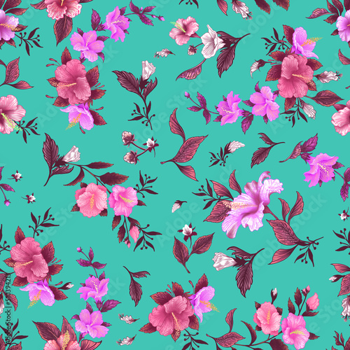 Floral pattern of decorative flowers and branches on a green background.