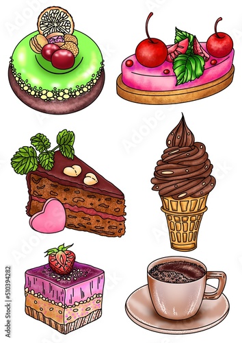 A set of sweets: cakes and a cup of coffee, isolated on a white background.