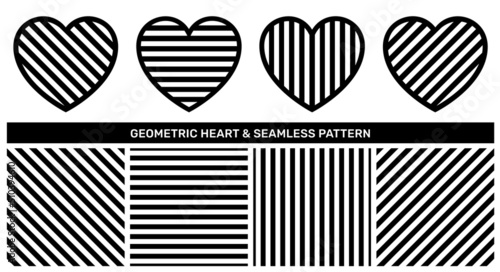 Set of contour heart with line texture and abstract black linear geometric seamless pattern. Love icon vector design element and striped seamless texture swatch for decorative textile print design