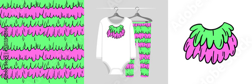 Seamless pattern and illustration set with monster fur element. Baby design pajamas, background for apparel, room decor, tee prints, baby shower, fabric design, wrapping