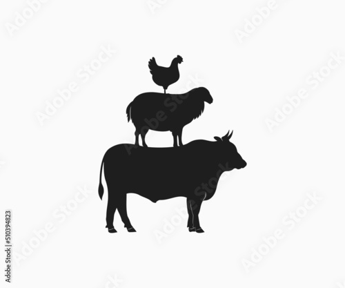 Cow, Lamb, and Chicken stand on each other.	Farm animals icon. Stacked cow, lamb, and chicken vector template