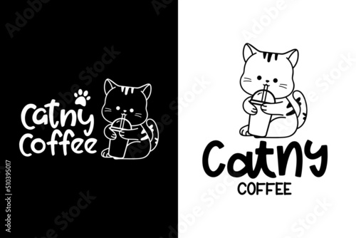 cat and coffee logo, kitten holding coffee cup drink with Mascot cartoon vector icon illustration