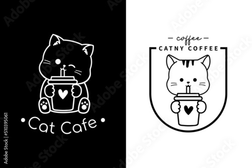 cat and coffee logo, kitten holding coffee cup drink with Mascot cartoon vector icon illustration