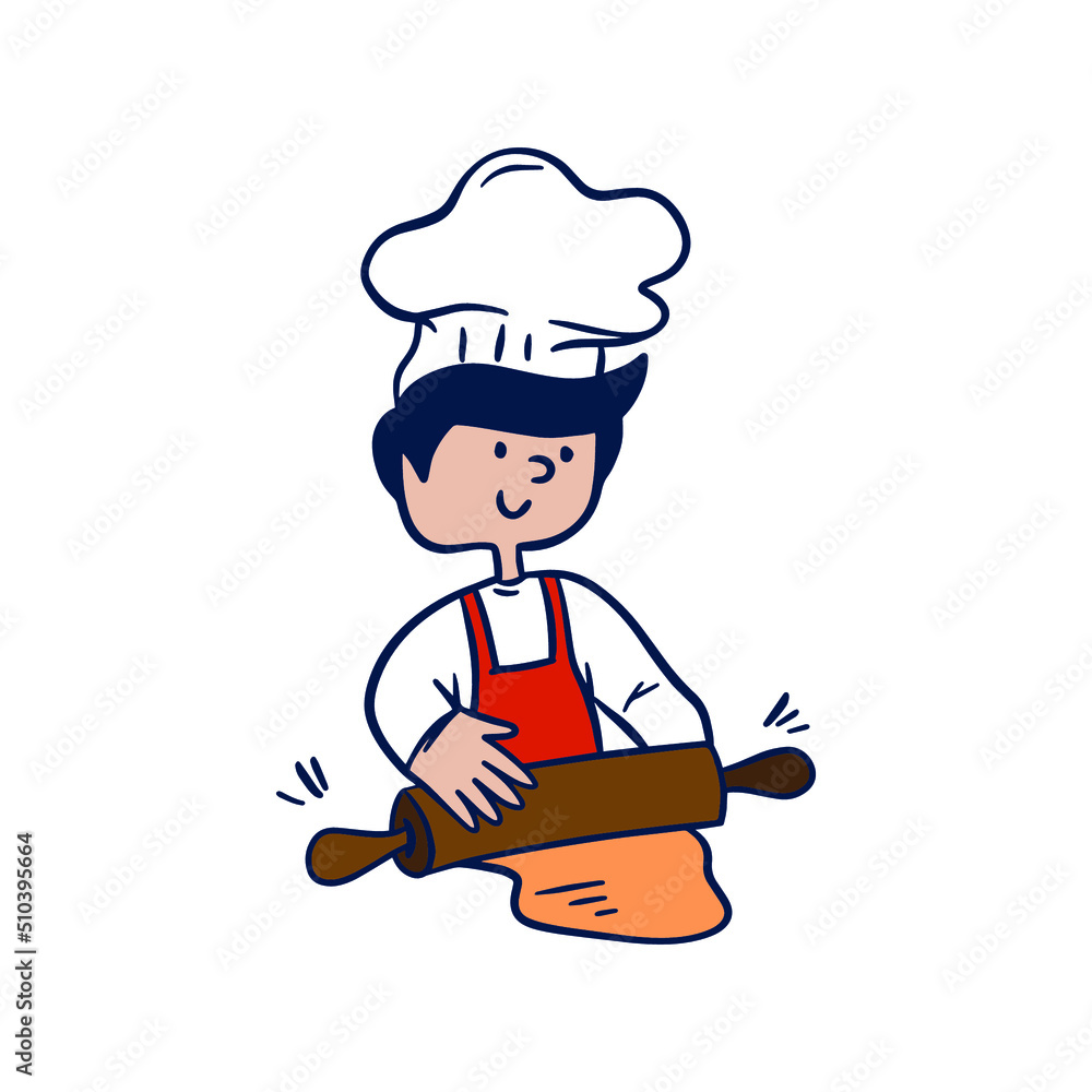 Chef rolls out the dough. Culinary illustration for recipe book or website.