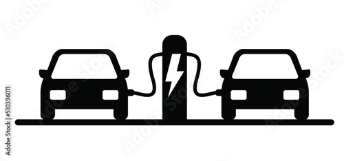 Cartoon parked e cars in a parking zone. Filling pump station. Electrical cable plugs for auto or car. Electric vehicle plug charging station point. Battery cars station logo. Pinpoint or pin location
