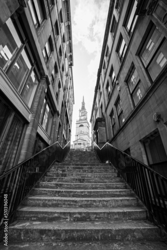 Newcastle UK - 12th May 2019: Newcastle famous All Saints Church on the quayside looking up stairway