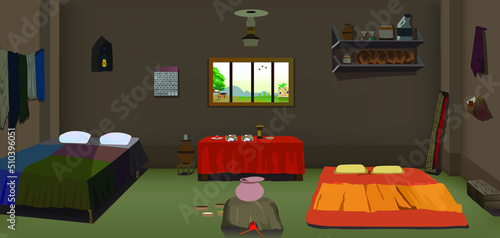 Village room inside vector artwork illustration, Poor house room interior vector illustrations.