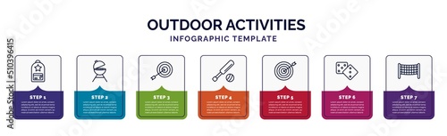 infographic template with icons and 7 options or steps. infographic for outdoor activities concept. included backpacks, barbacue, dart, cricket, dartboard, table game, volleyball net icons.
