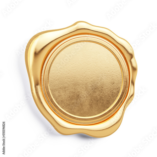 Gold stamp isolated on white. Gold wax seal concept. 3d rendering photo