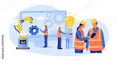 Engineers and architects working together with big computer and light bulb
