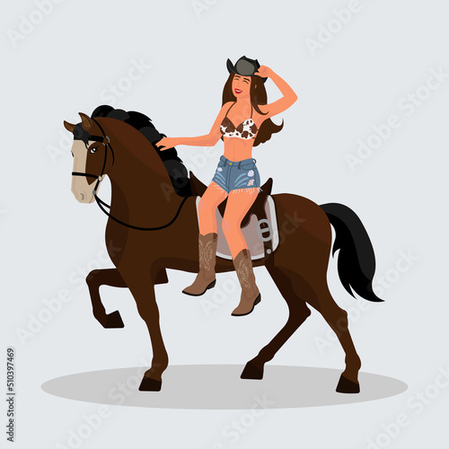 Cowboy girl. Vector art of  American woman with a hat on a horse  . Wild west style. Hand drawn cartoon character.