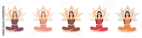A set of girls in the lotus position, yoga, qigong, Pilates classes.