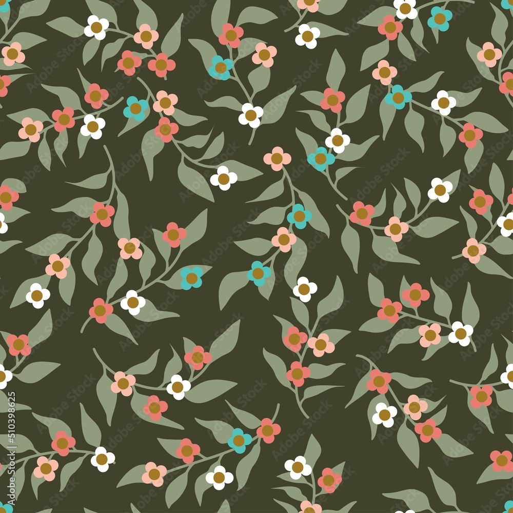 Seamless pattern of a little flowers and branch with leaves. Abstract small flower patter. Vector illustration. Seamless pattern of a little flowers and branch with leaves. Abstract small flower patter. Vector illustration.