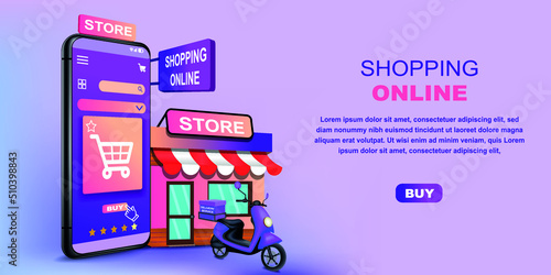 online shopping in social media mobile apps or website concepts, web banner.