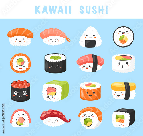Kawaii Sushi icon. Vector set of cute sushi , rolls, nigiri, sashimi with smiling face and pink cheeks in kawaii style. Japanese asian traditional food. Happy stickers. Cartoon emoji for textile, web