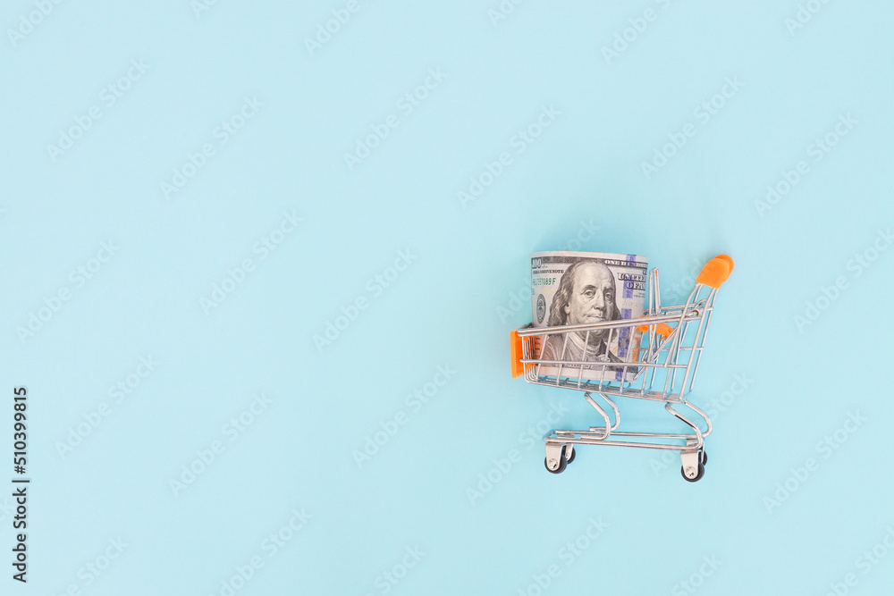 toy shopping cart with dollar banknotes on blue, leasing concept