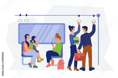 Passengers of commuter train, subway or public bus sitting and standing inside, flat vector illustration isolated on white background.