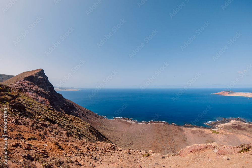 La Graciosa from Lanzarote. Panorama with La Graciosa island and ocean