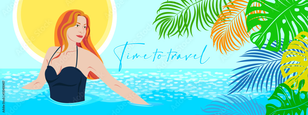 Time to travel. Summer banner for the website header with a picture of a girl swimming in the sea. Tourism, recreation, travel package advertising. Vector illustration