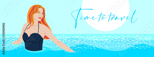 Time to travel. Summer banner for the website header with a picture of a girl swimming in the sea. Tourism, recreation, travel package advertising. Vector illustration