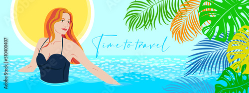 Time to travel. Summer banner for the website header with a picture of a girl swimming in the sea. Tourism, recreation, travel package advertising. Vector illustration