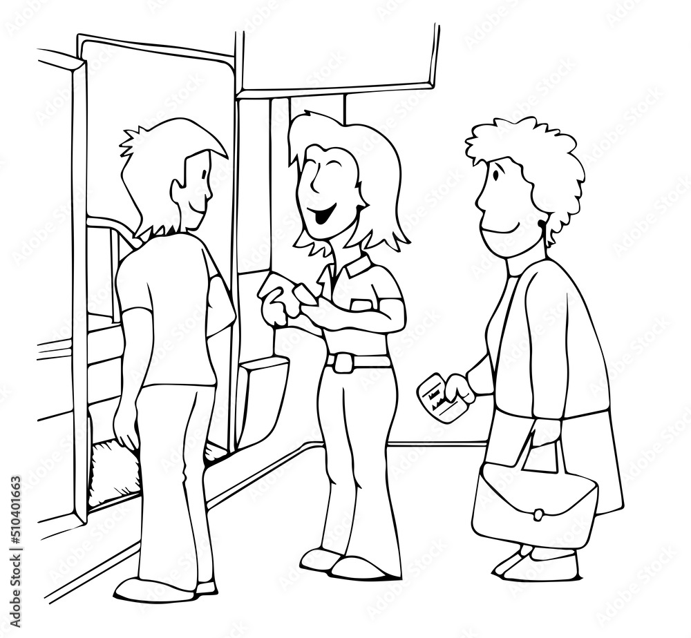 Obraz premium Bus station worker woman cutting travel tickets in line of people arriving to the bus. Black and white hand drawn cartoon style vector illustration.