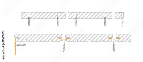 Cross section of screws screwed into a wood. Sketch technical vector illustration.
