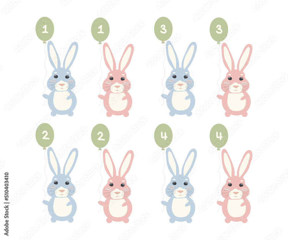 Cute rabbit with balloons. Pink and blue rabbit. Postcards for the holiday. Birthday. 1 year, 2 years, 3 years, 4 years Cute rabbit with balloons. Pink and blue rabbit. Postcards for the holiday. Birthday. 1 year, 2 years, 3 years, 4 years