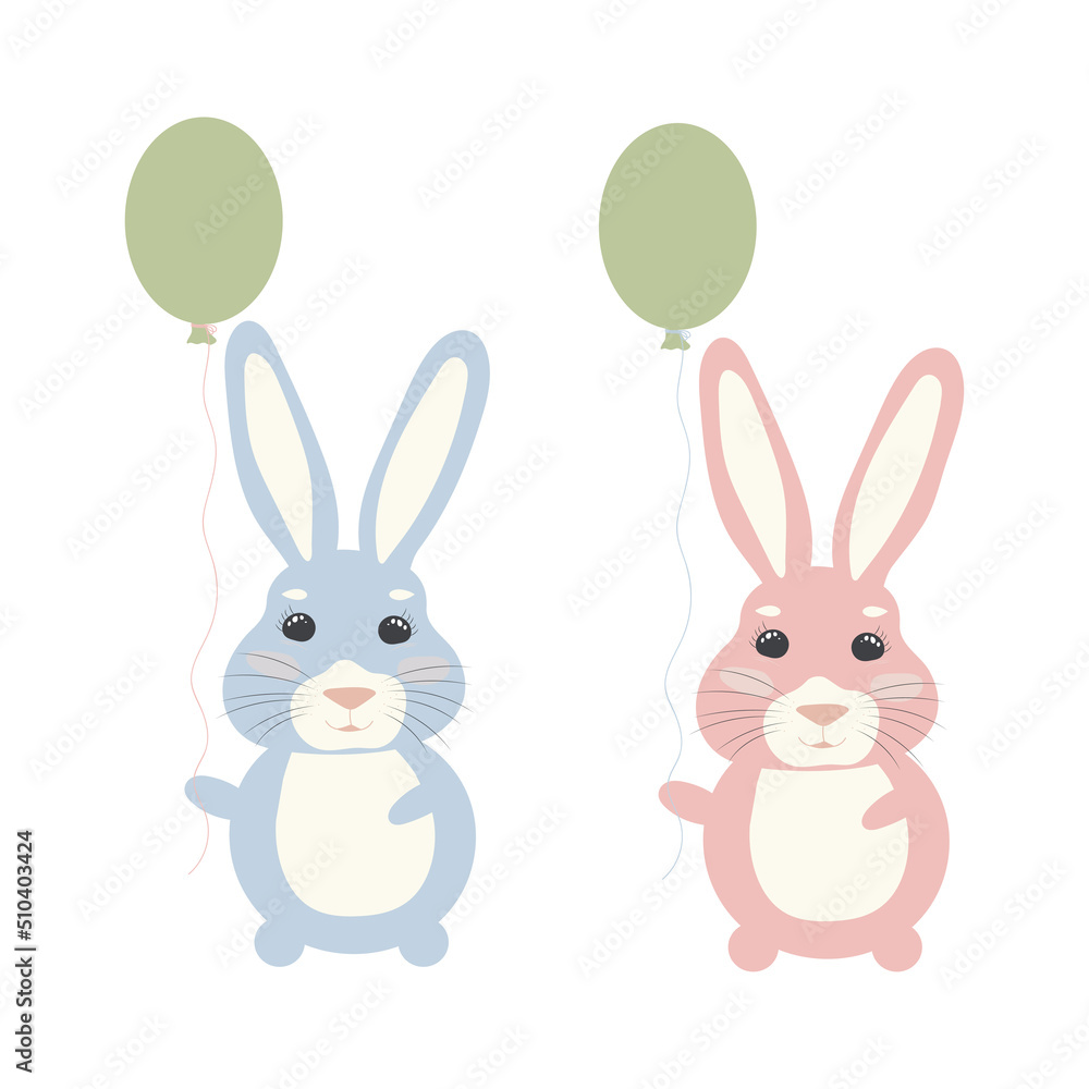 Fototapeta premium Cute rabbit with balloons. Pink and blue rabbit. Postcards for the holiday. Birthday.