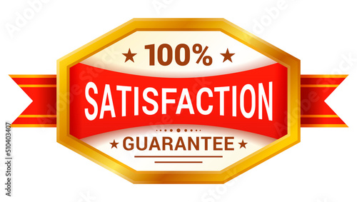 Customer satisfaction guarantee sign one hundred percent golden badge red ribbon isometric vector
