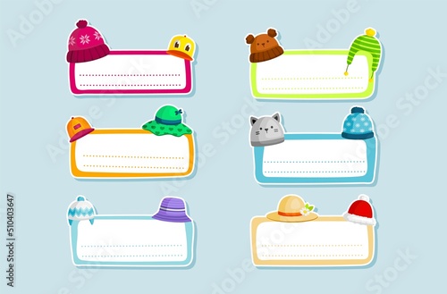 Cute childish school labels with winter and summer headdress collection vector illustration