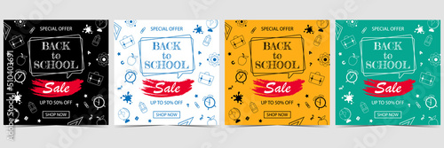 Back to school set of sale banners with black, white, yellow and green background, with school supplies and objects related to education and study process as backpack, pencil, globe, ruler and others.