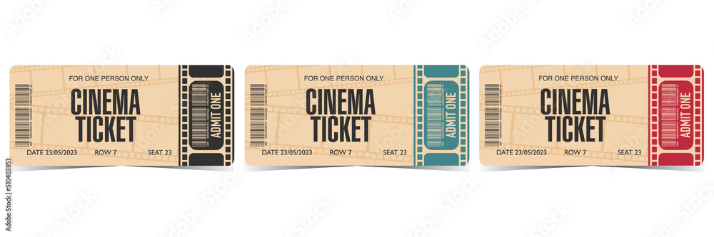 Set of cinema tickets with barcode and rounded corners, cinematographic film strip on beige background. Vector illustration in flat style of movie session access flyer or coupon. - obrazy, fototapety, plakaty 
