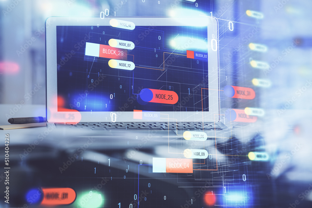 Multi exposure of desktop computer and technology theme hologram. Concept of software development. Multi exposure of desktop computer and technology theme hologram. Concept of software development.