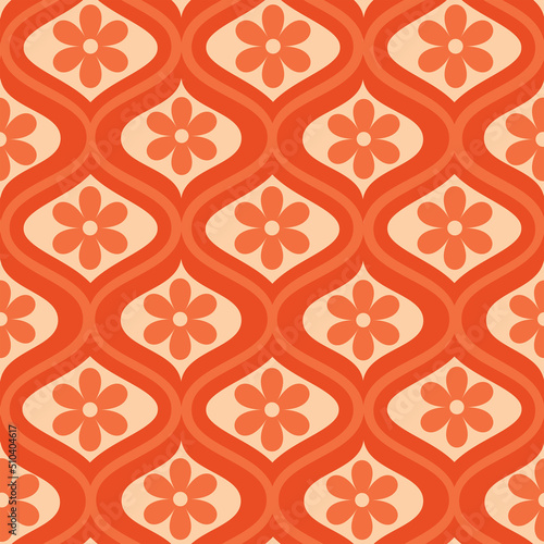 Retro orange flower on mid century ogee seamless pattern. For home décor, wallpaper, fabric and textile 