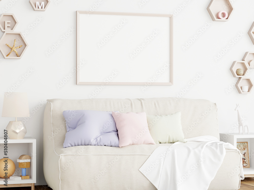 Naklejka premium horizontal frame mockup in modern kids room interior, 3d render