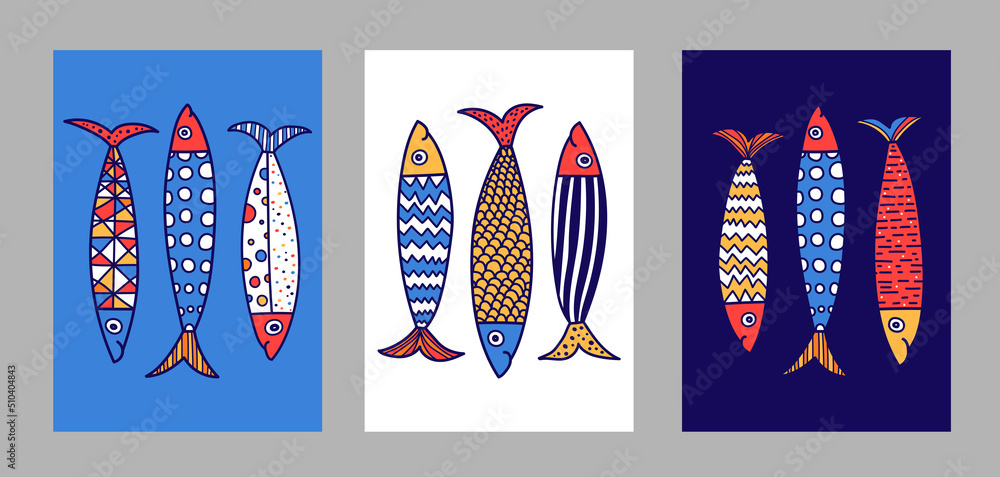 Poster with sardines. Cute set. Vector illustration - obrazy, fototapety, plakaty 