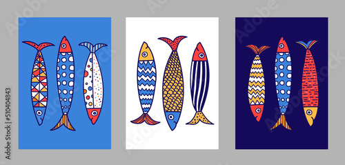 Poster with sardines. Cute set. Vector illustration photo