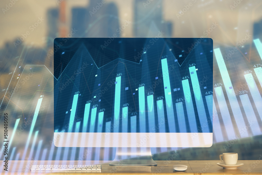Stock market graph and table with computer background. Multi exposure. Concept of financial analysis. Stock market graph and table with computer background. Multi exposure. Concept of financial analysis.