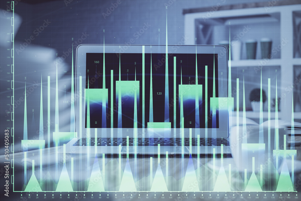 Forex market chart hologram and personal computer background. Multi exposure. Concept of investment. Forex market chart hologram and personal computer background. Multi exposure. Concept of investment.