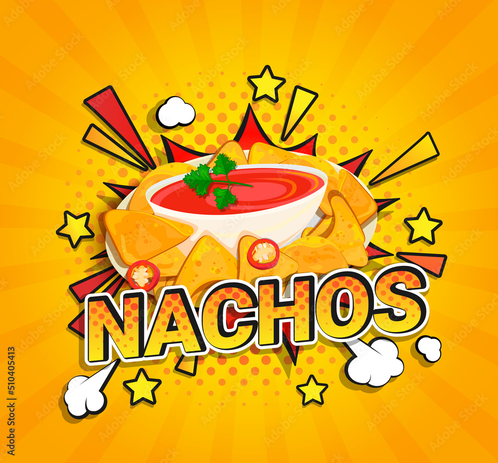 Fototapeta Nachos flyer on sunburst halftone background.Banner with delicious mexican nachos with tomato salsa sauce in pop art style.Template design,labels,menu,caffee,restaurant,advertise.Takeaway snack.Vector