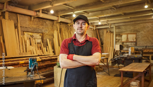 Portrait of a male carpenter working with wood in carpentry workshop