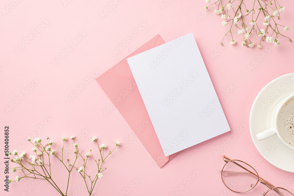 Business concept. Top view photo of workspace cup of hot drinking on saucer stylish glasses envelope paper card and white gypsophila flowers on isolated pastel pink background with blank space