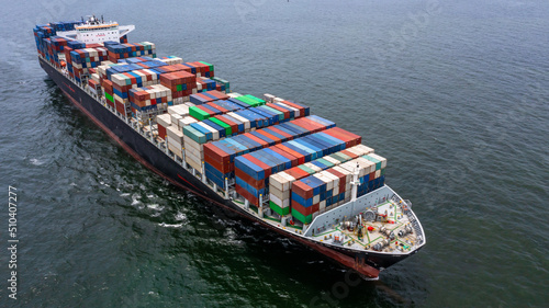 Aerial view container ship cargo freight shipping maritime vessel, Global business supply chain import export logistic transportation international oversea worldwide container ship freight shipping 