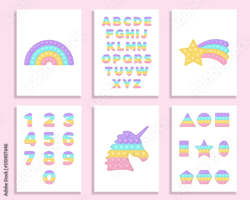Playroom wall art set pop it fidget toy vector design with alphabet and numbers. Playroom poster preschool education printable banners in pastel popit style. Popit design as a trendy silicone toys.