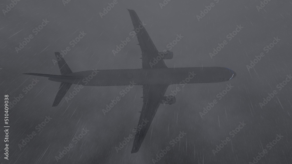 Fototapeta premium 3D illustration of an airplane2 in the rainy skies. 3D rendering
