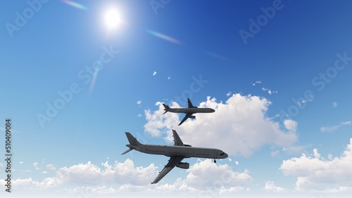 3D illustration of two airplanes in the sky on a background of clouds2. 3D rendering