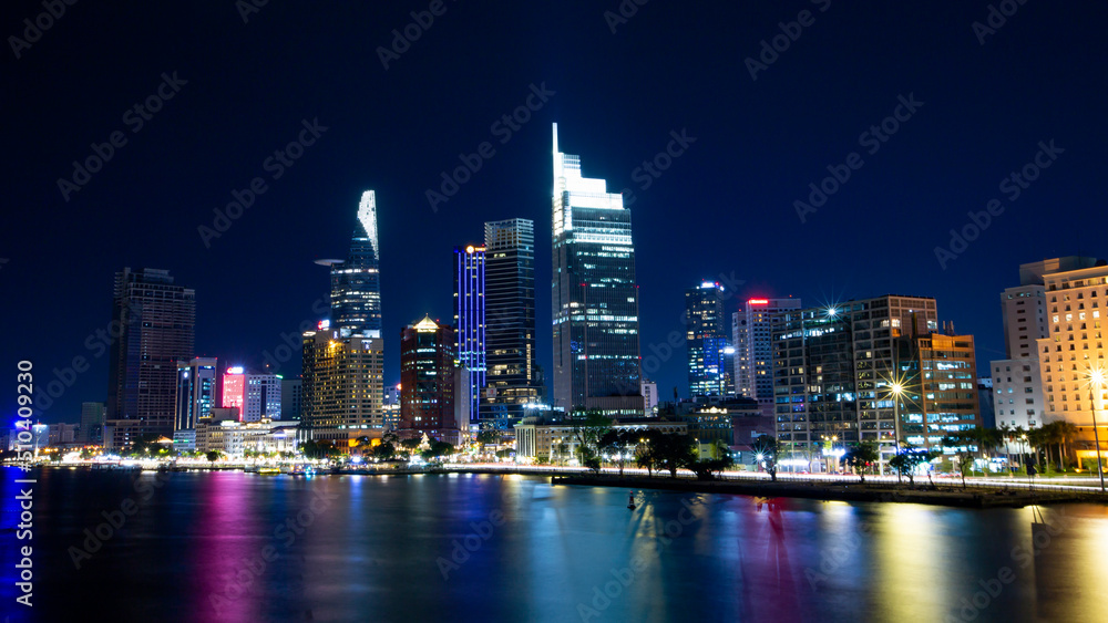 Ho Chi Minh city, Vietnam – May 06th 2022: Skyline of urban area of Ho Chi Minh city at night time.